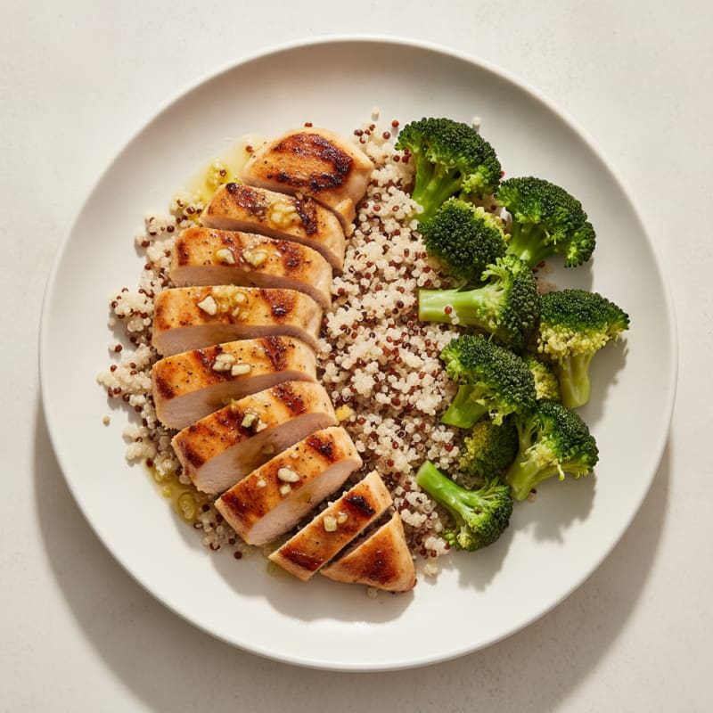 Grilled Lemon Garlic Chicken Breast with Quinoa and Steamed Broccoli