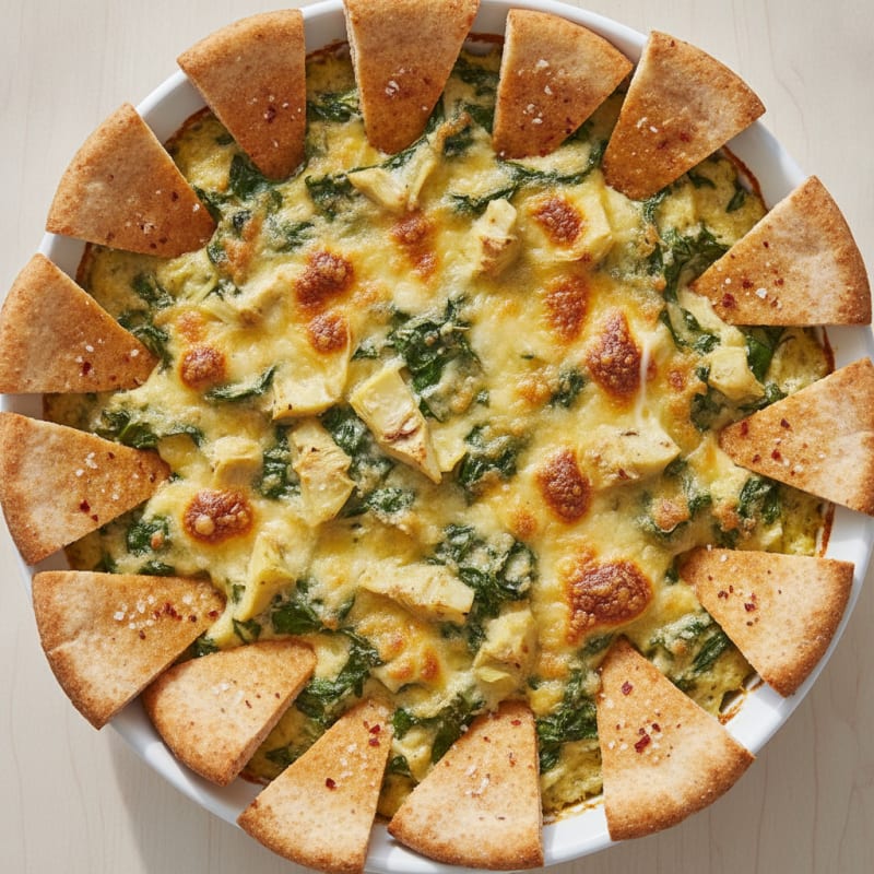 Baked Spinach Artichoke Dip with Toasted Pita