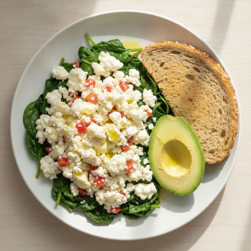 Egg White Veggie Scramble with Cottage Cheese and Sautéed Spinach