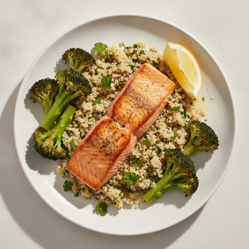 Seared Salmon with Roasted Broccoli and Herb Quinoa