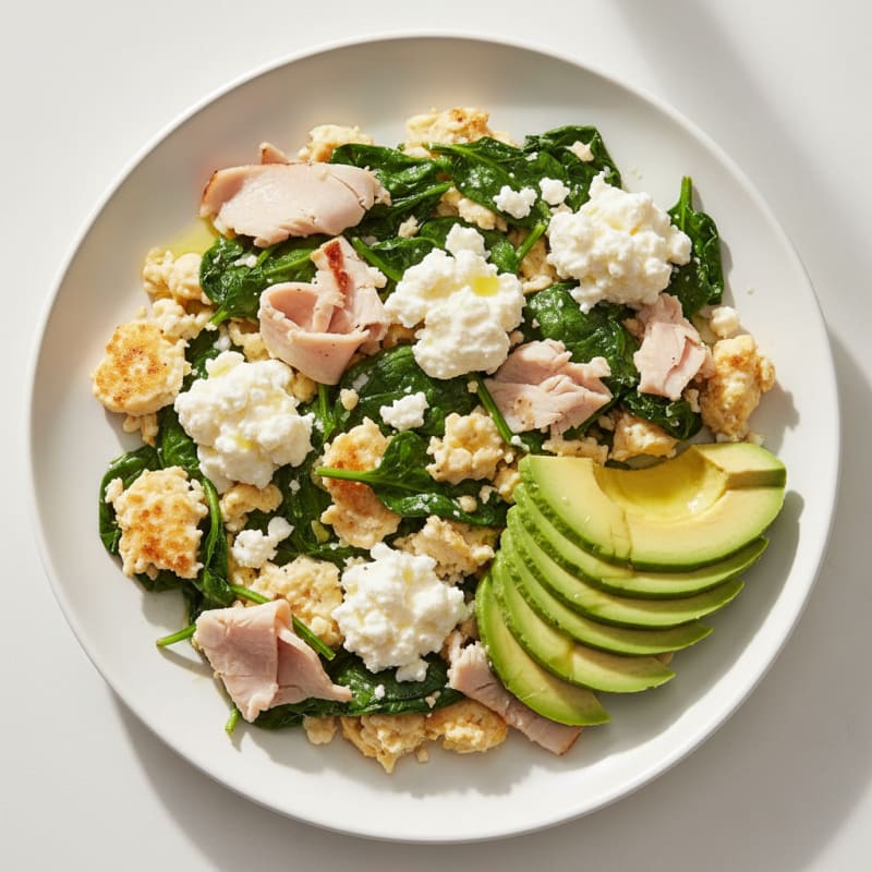 Egg White Spinach Scramble with Cottage Cheese and Sliced Turkey