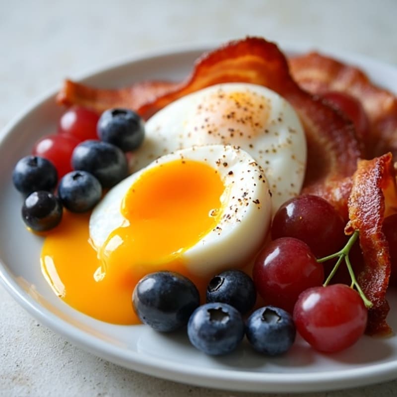 Crispy Bacon and Hard-Boiled Eggs with Fresh Grapes and Blueberries