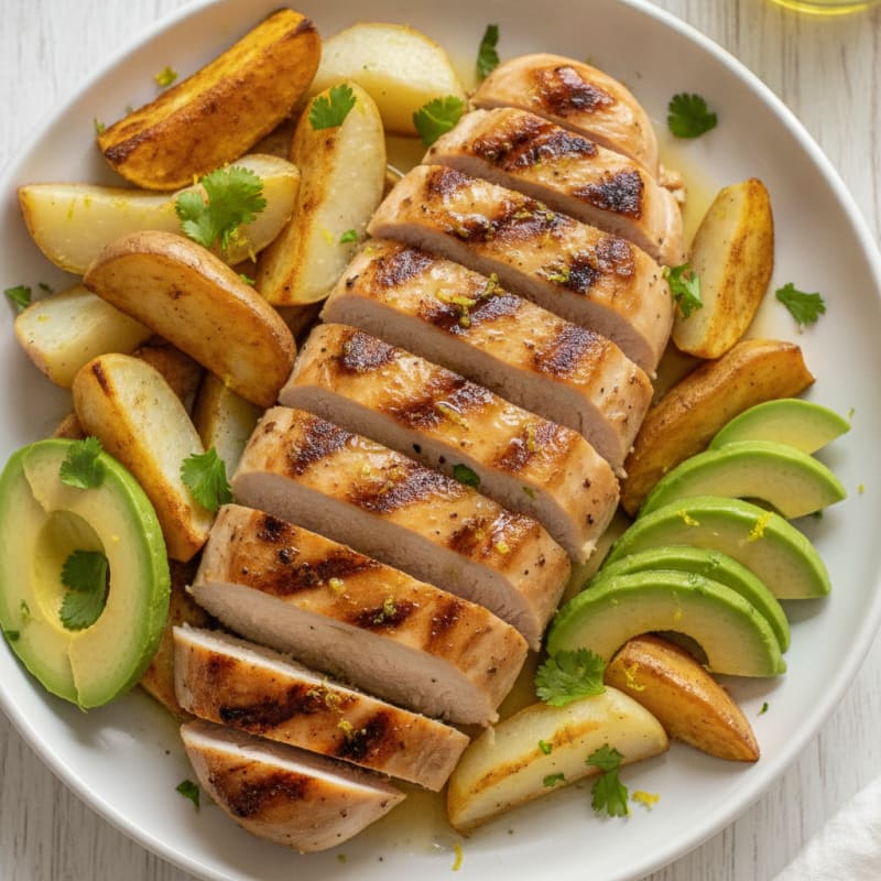 Grilled Chicken Breast with Roasted White Sweet Potato and Avocado Slices