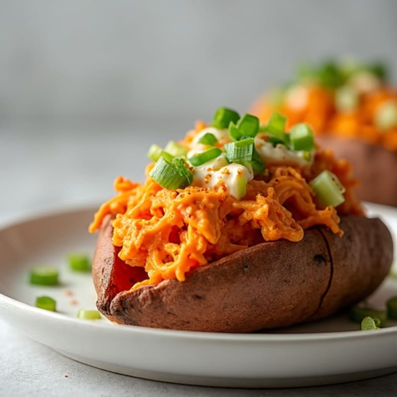 Creamy Shredded Buffalo Chicken Stuffed Sweet Potatoes