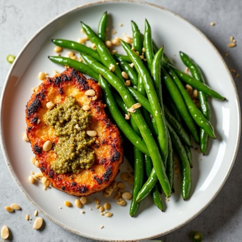 Grilled Tofu-Free Tempeh Steaks with Garlic Green Beans and Pumpkin Seed Pesto