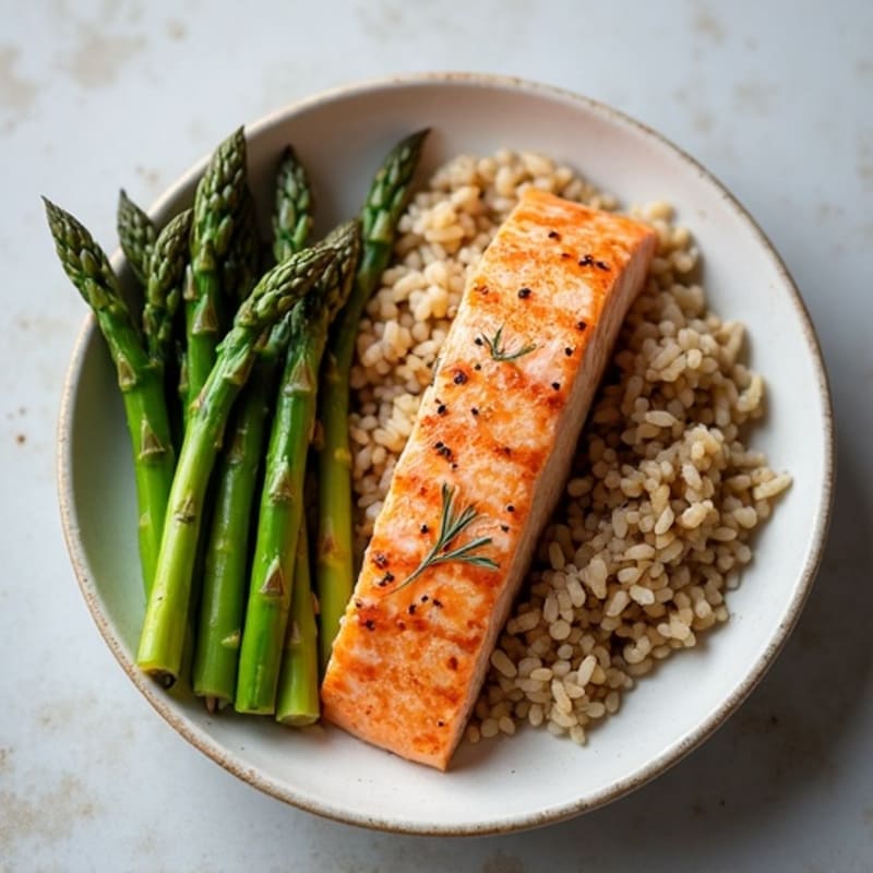 Seared Salmon with Steamed Asparagus and Brown Rice