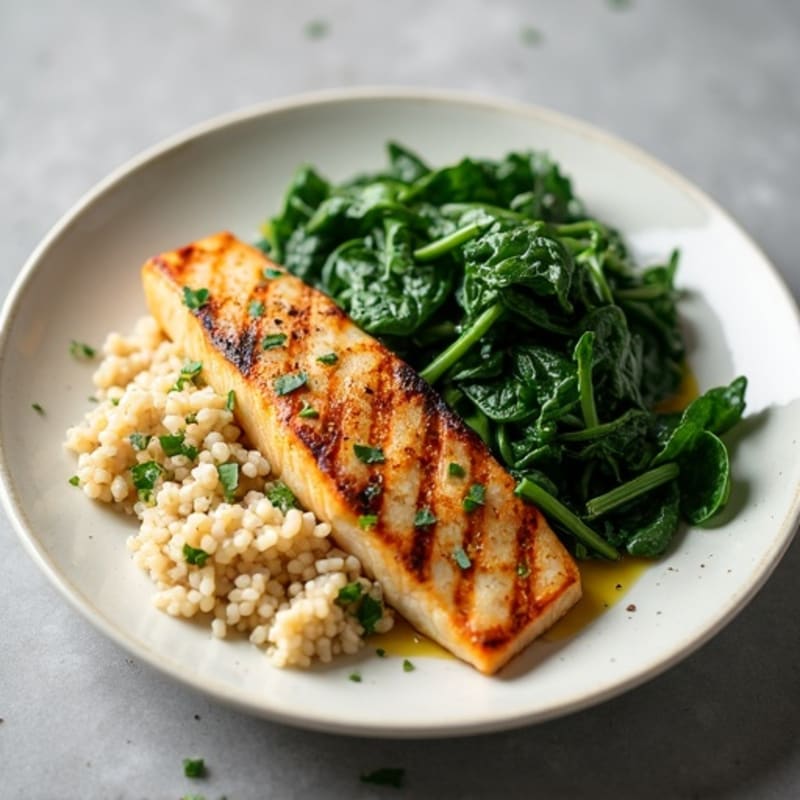 Grilled Echa Filet with Herb Rice and Sautéed Greens