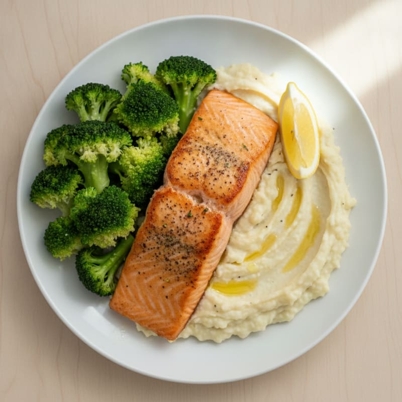 Seared Salmon with Steamed Broccoli and Garlic Cauliflower Mash