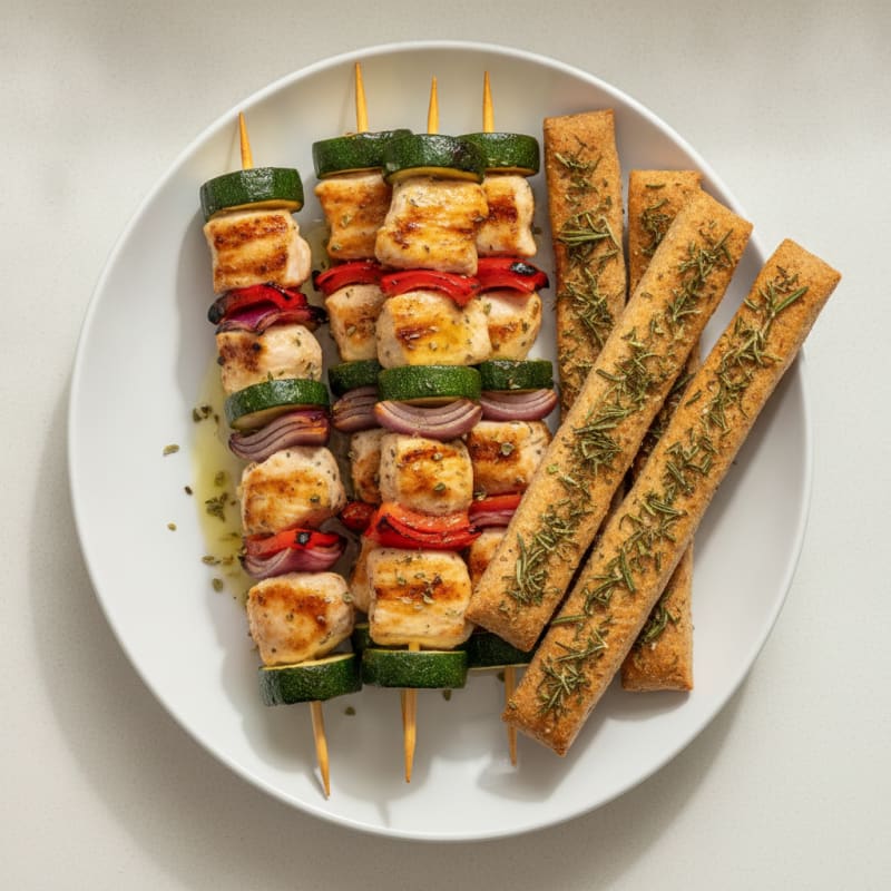 Chicken and Vegetable Skewers with Herb Sticks