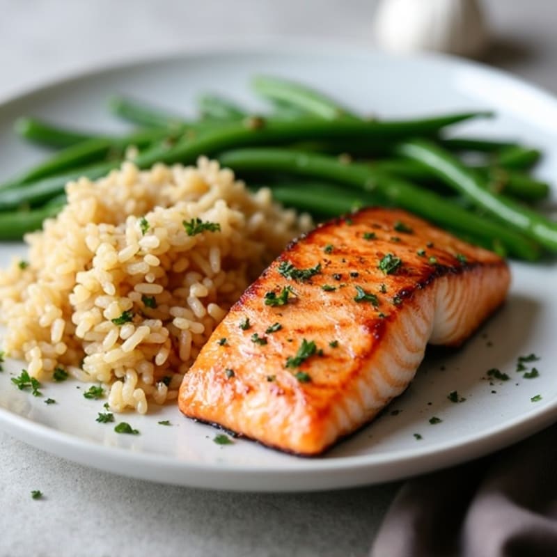 Seared Salmon Fillet with Garlic Green Beans and Brown Rice