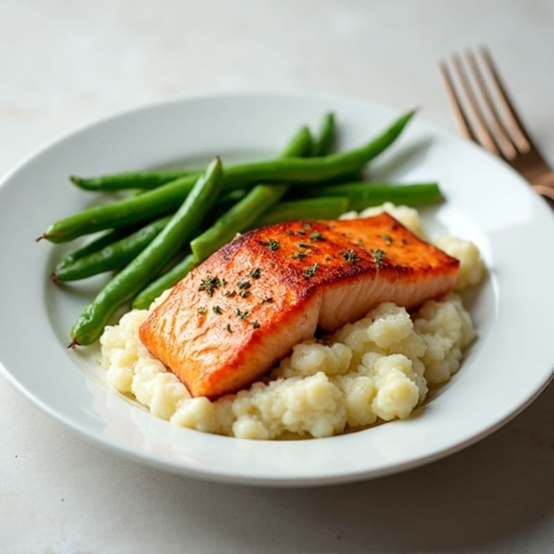 Seared Salmon with Steamed Green Beans and Mashed Cauliflower