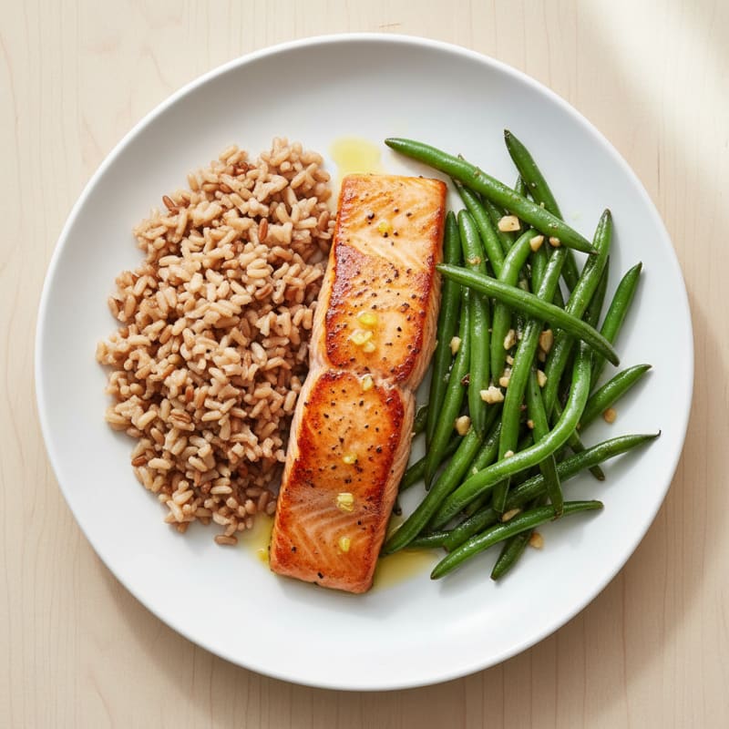 Seared Salmon with Garlic Green Beans and Brown Rice