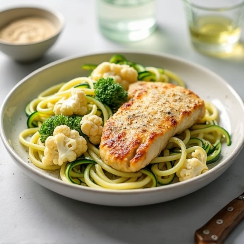 Creamy Cauliflower Alfredo Chicken with Zucchini Noodles