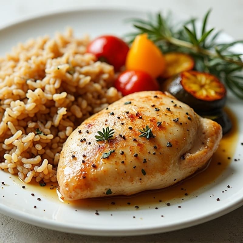 Lemon-Herb Roasted Chicken with Fluffy Brown Rice and Roasted Vegetables