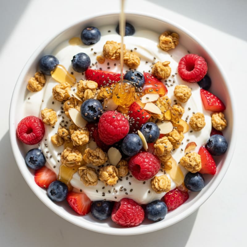 Greek Yogurt Parfait with Crunchy Almond Granola and Mixed Berries