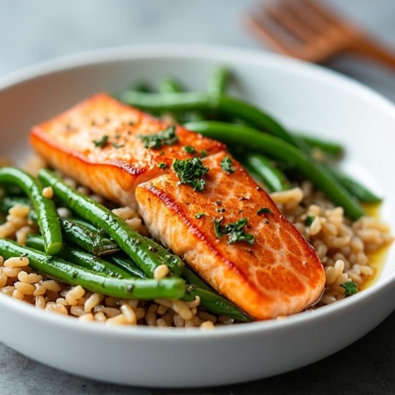Seared Salmon with Garlic Green Beans and Brown Rice