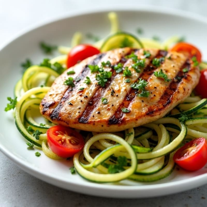 Grilled Chicken Breast with Zucchini Noodles and Cherry Tomatoes