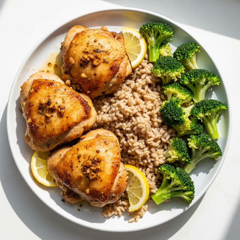 Oven-Baked Lemon Garlic Chicken Thighs with Steamed Broccoli and Brown Rice