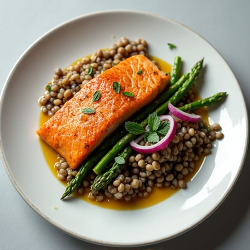 Seared Salmon Fillet with Steamed Asparagus and Lentil Salad