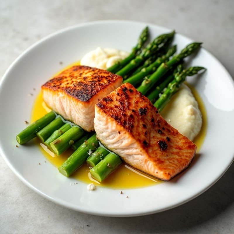 Seared Salmon with Steamed Asparagus and Cauliflower Mash