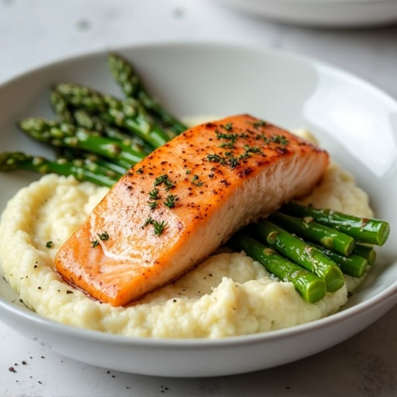 Seared Salmon with Roasted Asparagus and Cauliflower Mash