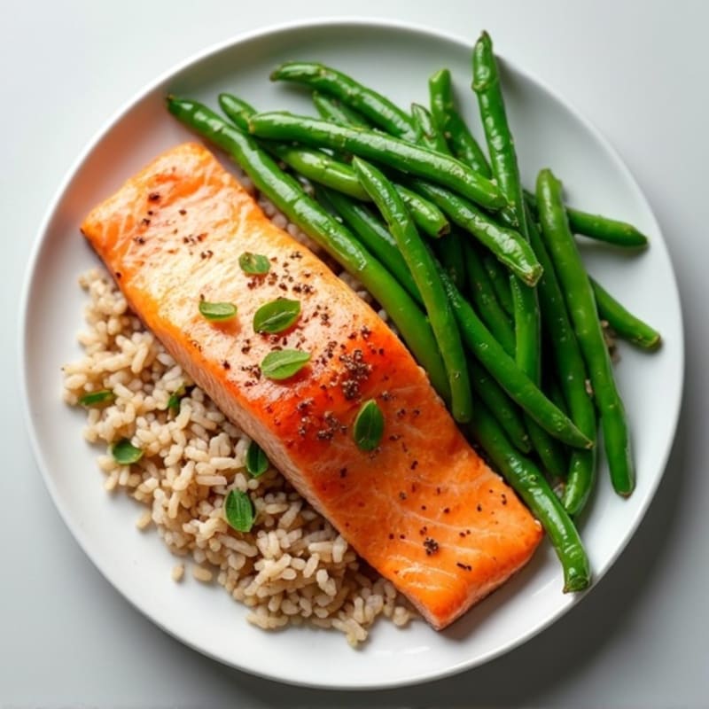 Seared Salmon with Steamed Green Beans and Brown Rice