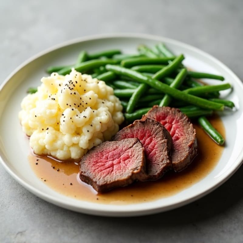 Seared Lean Beef with Steamed Green Beans and Cauliflower Mash