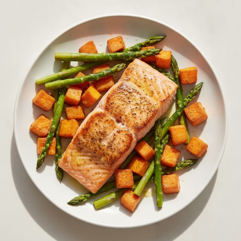 Seared Salmon with Roasted Sweet Potato and Asparagus