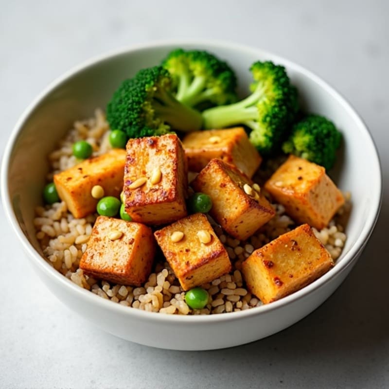 Crispy Peanut Tofu with Steamed Broccoli and Brown Rice