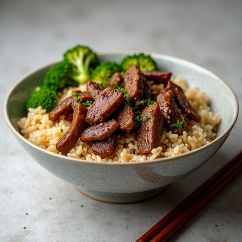 Garlic-Ginger Beef and Crispy Broccoli Stir-fry Rice Bowl