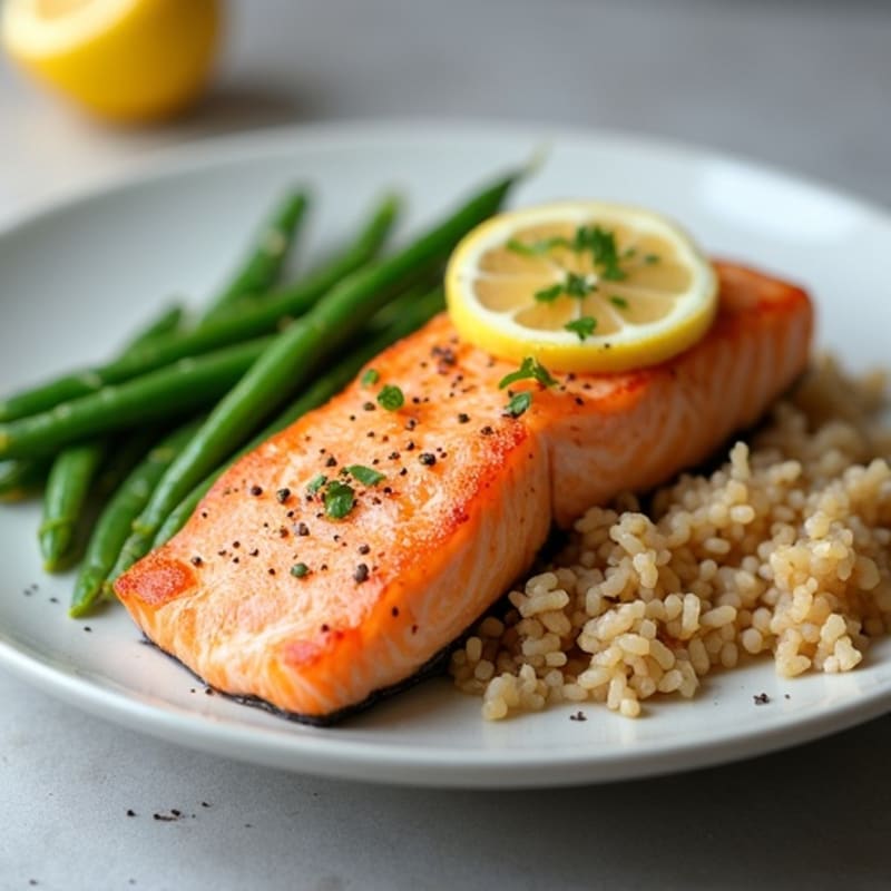 Seared Salmon Fillet with Steamed Green Beans and Brown Rice