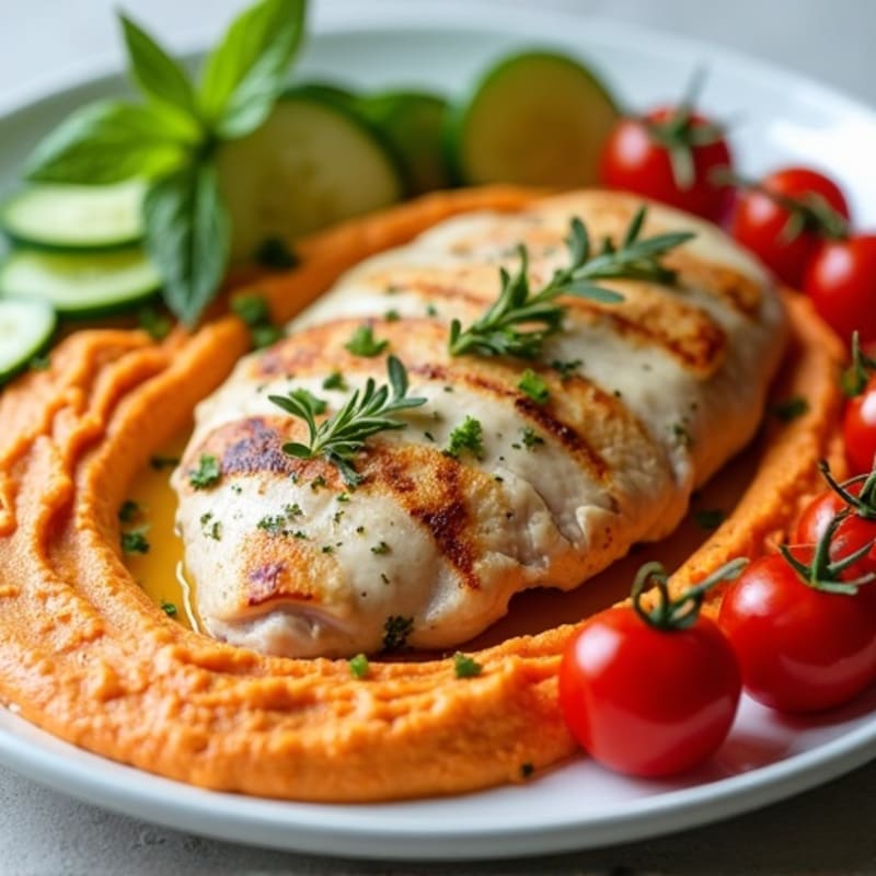 Lemon Herb Chicken with Creamy Roasted Red Pepper Hummus and Fresh Vegetables