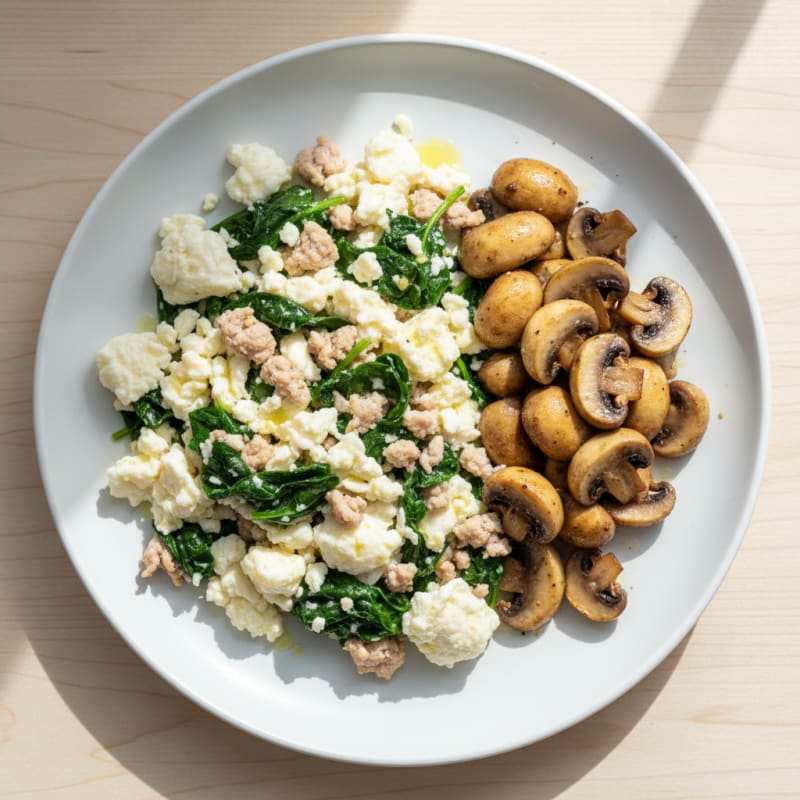 Egg White and Turkey Spinach Scramble with Sautéed Mushrooms