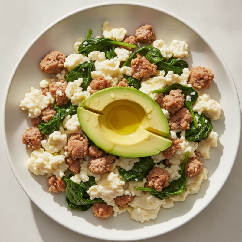 Scrambled Egg Whites with Turkey Sausage and Sautéed Spinach