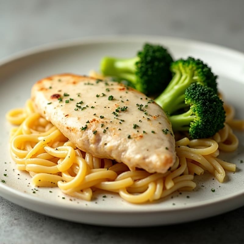 Healthy Creamy Garlic Parmesan Chicken Pasta with Roasted Broccoli