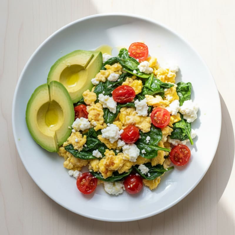 Cottage Cheese and Egg Scramble with Spinach and Cherry Tomatoes