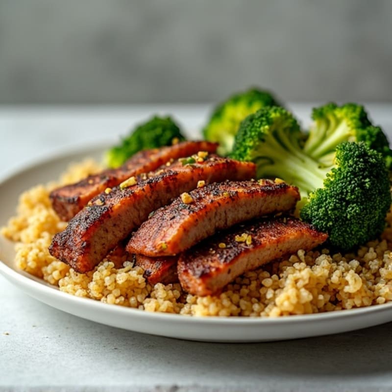 Crispy Beef Strips with Roasted Broccoli and Quinoa