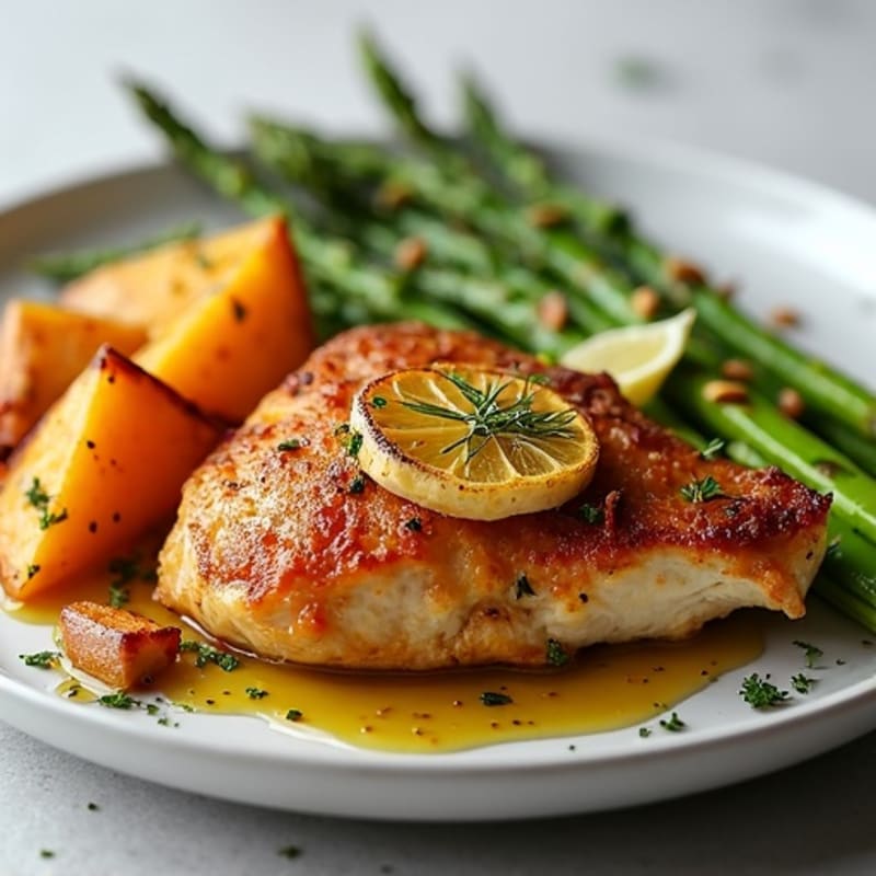 Crispy Lemon Herb Chicken Thighs with Roasted Asparagus and Sweet Potatoes