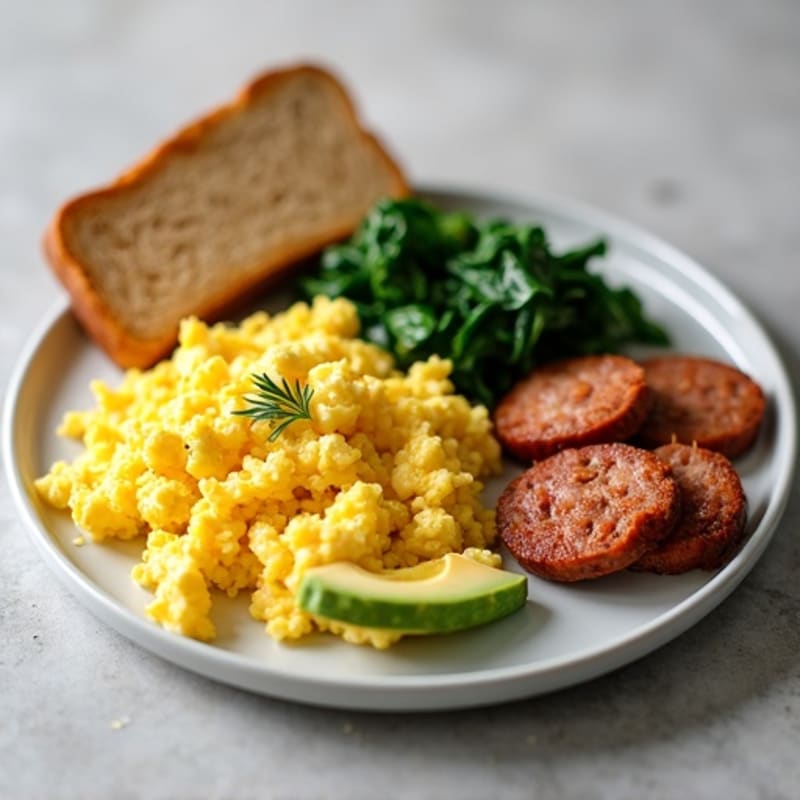 Egg White Scramble with Turkey Sausage and Sautéed Spinach