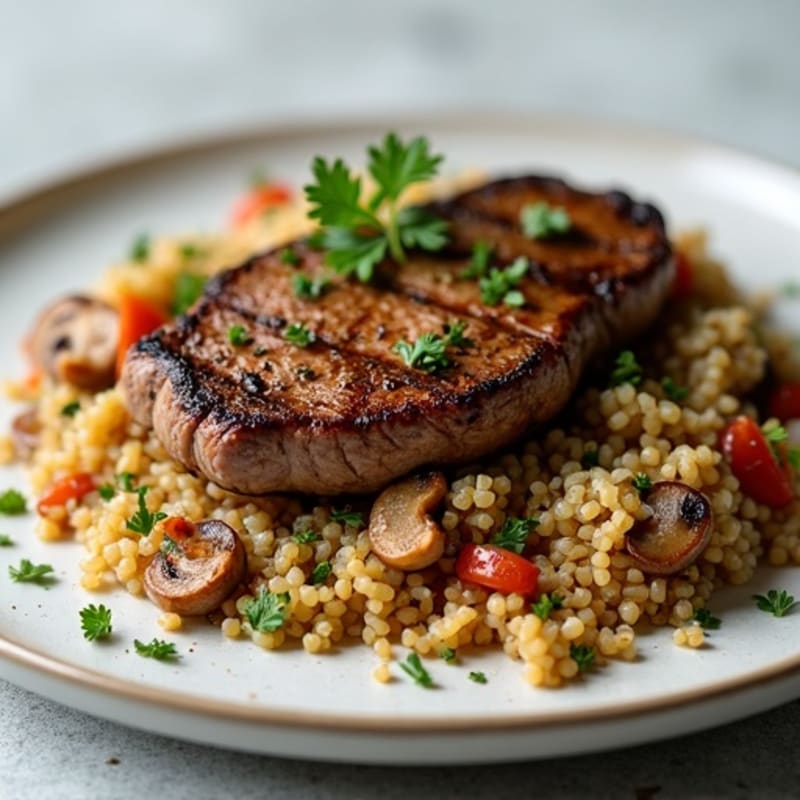 Pan-Seared Steak with Protein-Packed Quinoa Mushroom Pilaf