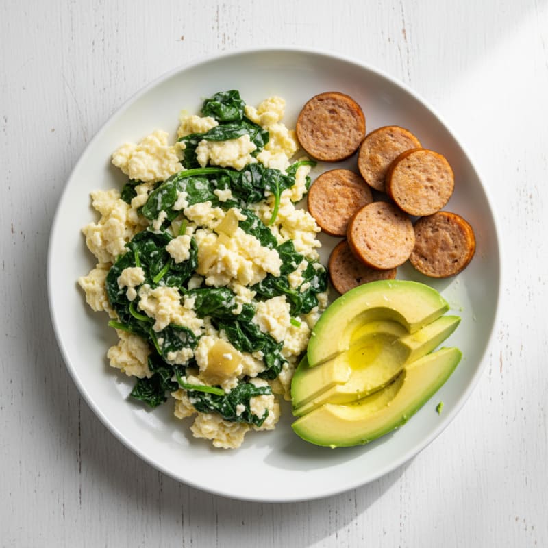 Egg White Scramble with Turkey Sausage and Sautéed Spinach