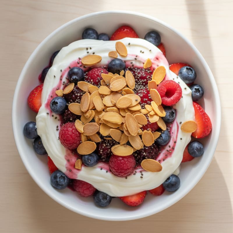 Greek Yogurt Protein Parfait with Mixed Berries and Almonds