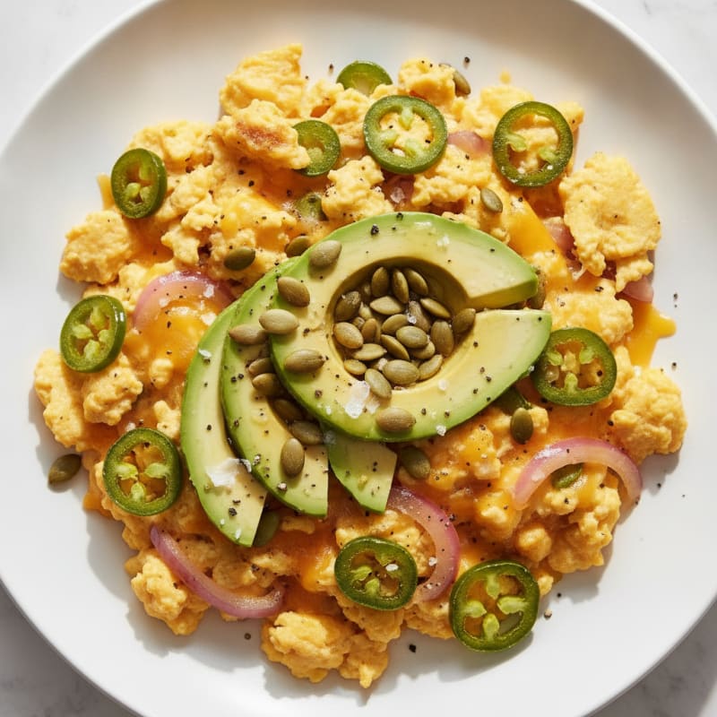 Jalapeño Cheddar Egg Scramble with Avocado and Pepitas