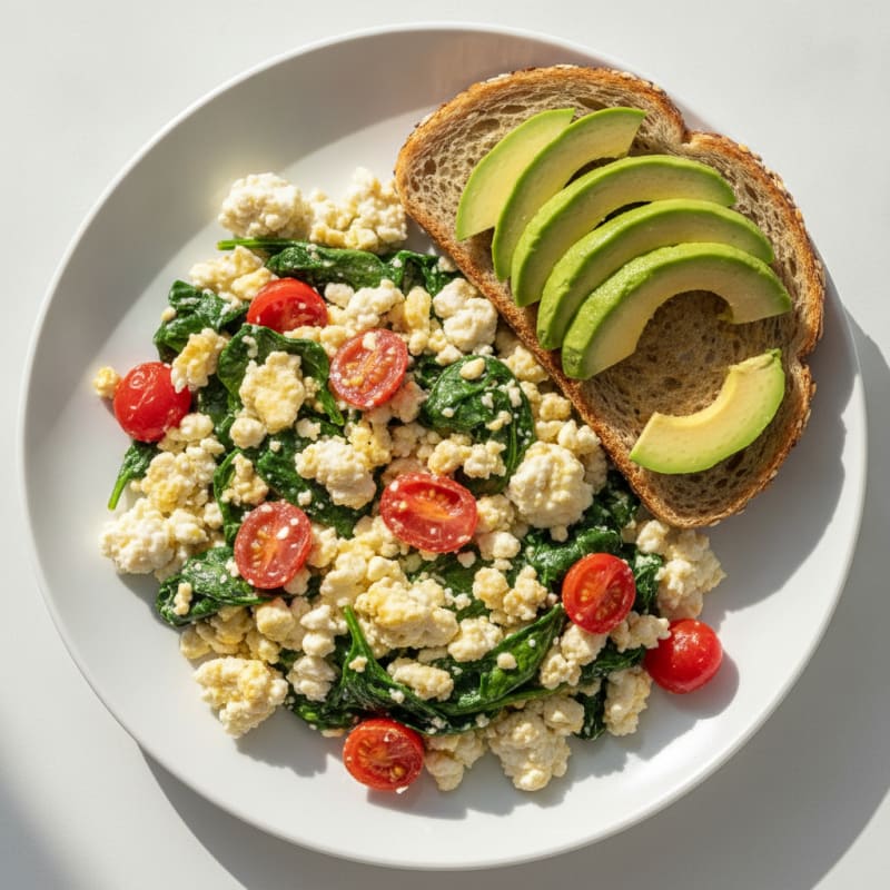 Cottage Cheese and Egg White Scramble with Spinach and Tomatoes