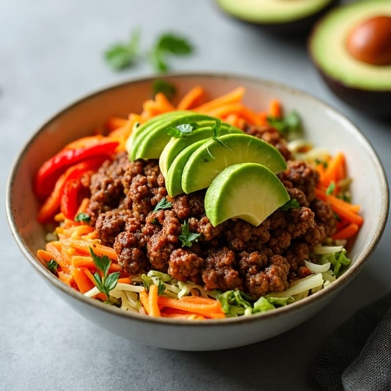 Hearty Spiced Lean Ground Beef Bowl with Fresh Avocado and Crunchy Slaw