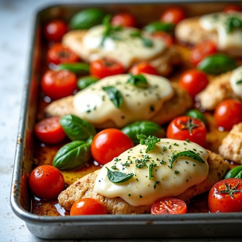 Sheet Pan Chicken with Roasted Tomatoes, Fresh Basil, and Melty Mozzarella