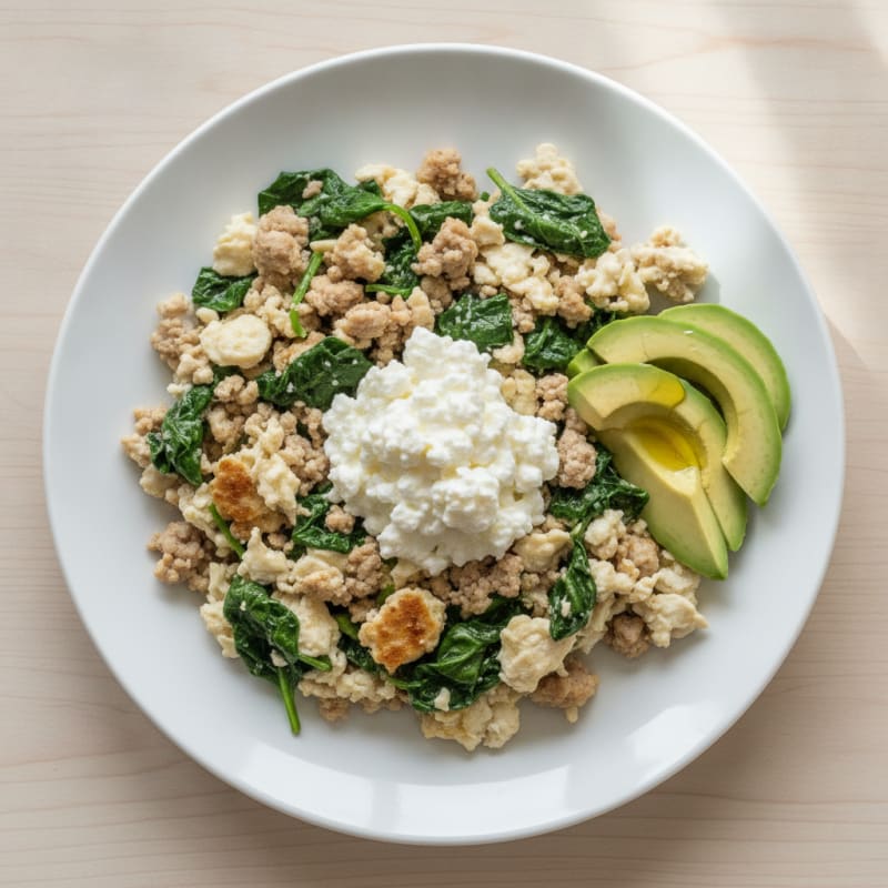 Egg White and Turkey Spinach Scramble with Cottage Cheese