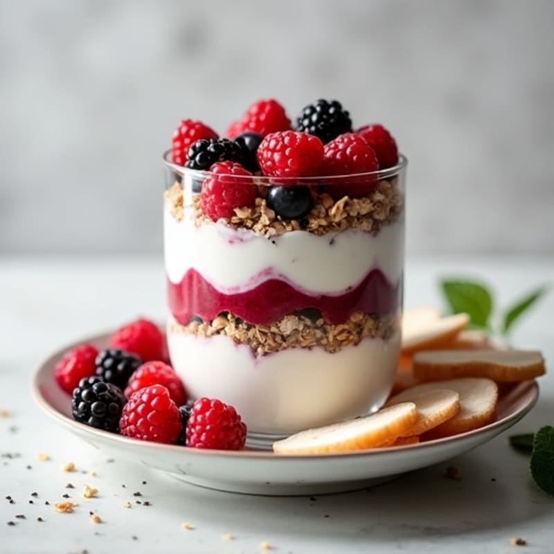 Greek Yogurt Berry Parfait with Chia Seeds and Sliced Turkey