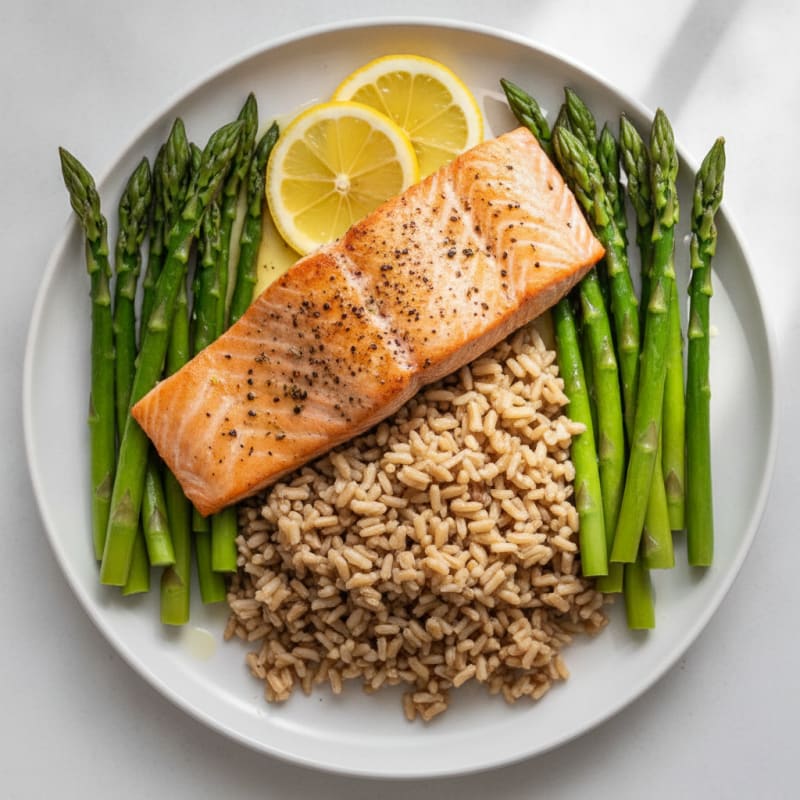 Seared Salmon Filet with Steamed Asparagus and Brown Rice
