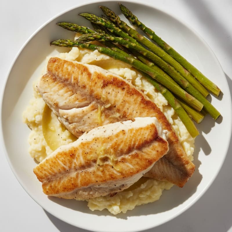 Seared Tilapia with Roasted Asparagus and Cauliflower Mash